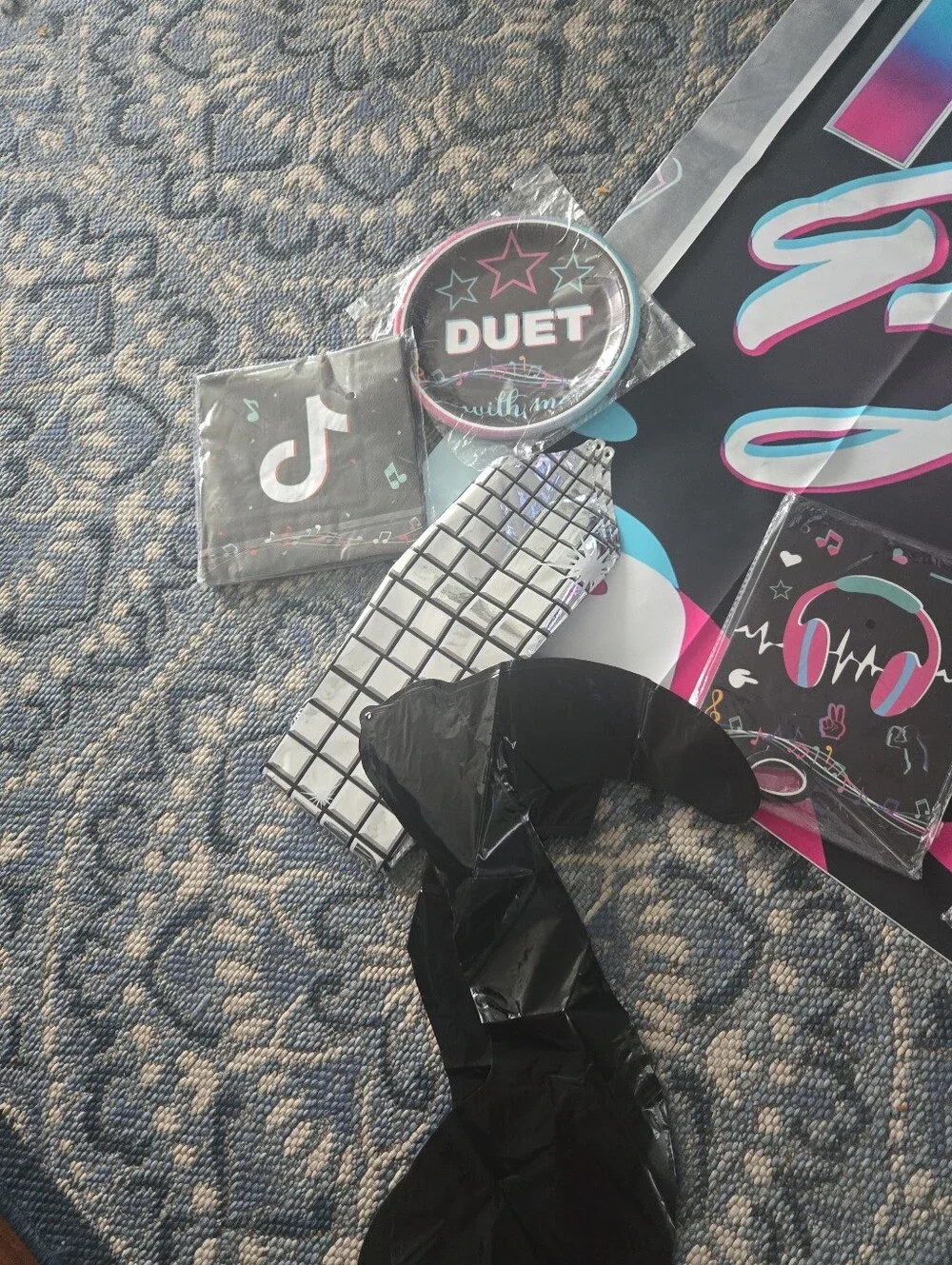 Happy Birthday Music Banner Party Backdrop - Black, Pink & Teal